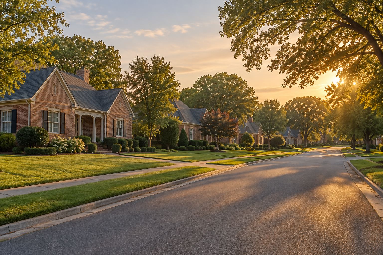 A Memphis-area neighborhood street at golden hour, illustrative