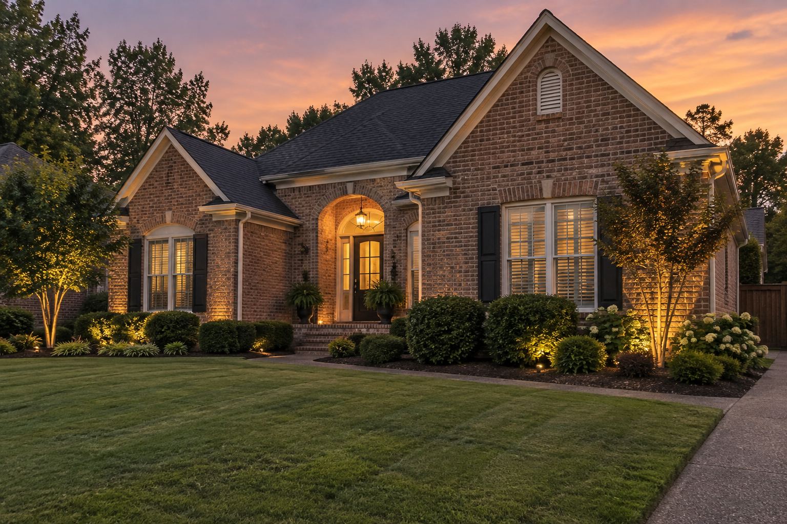 A Memphis-area home exterior at dusk, illustrative